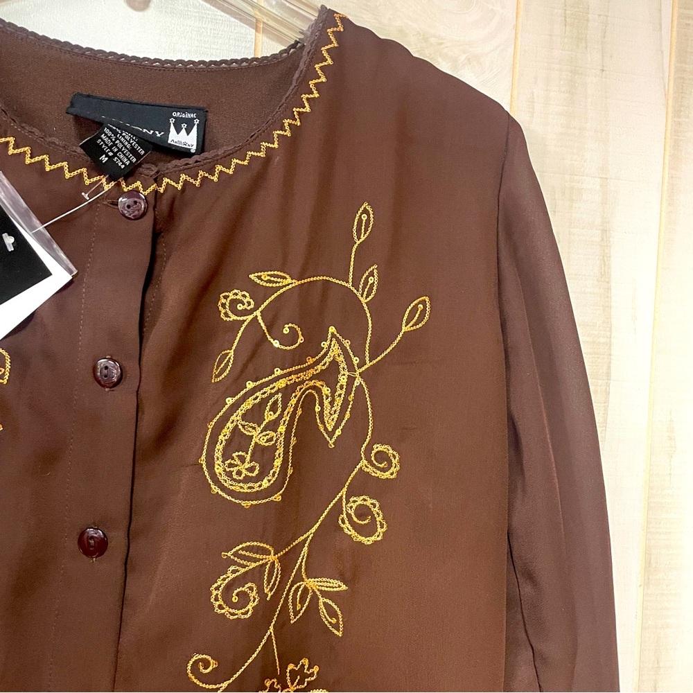 NWT Antthony Brown With Gold Embroidery Tunic Button Top, Sheer Sleeves, Sz M - Picture 7 of 7